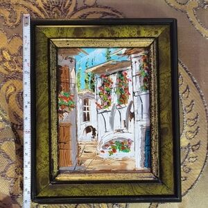 Rustic Village Alleyway Painting with Green Frame